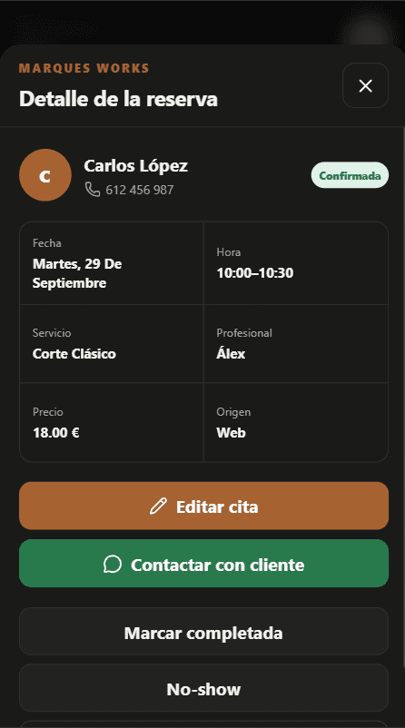 Panel de barbería: detalle de una reserva