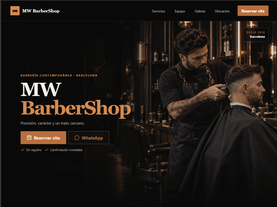Web pública de la demo de barbería con botón Reservar cita