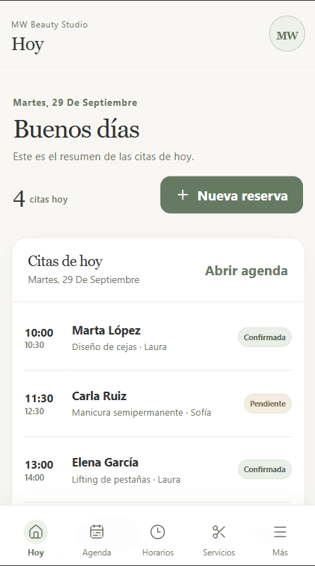 Captura real del panel de gestión: agenda con las citas de hoy
